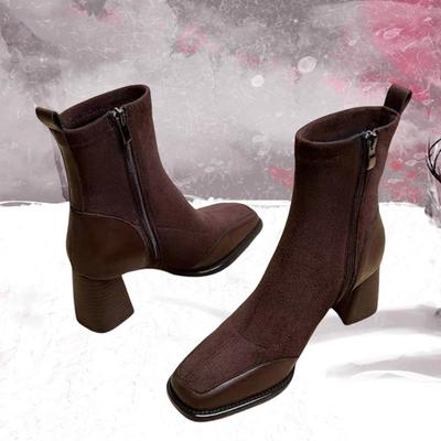 Dicke High Heel Kurze Stiefel Herbst Winter Neu Beliebt Quadratisch Wildleder Stiefeletten für Damen Schwarz Braun Elastische Absatzstiefel