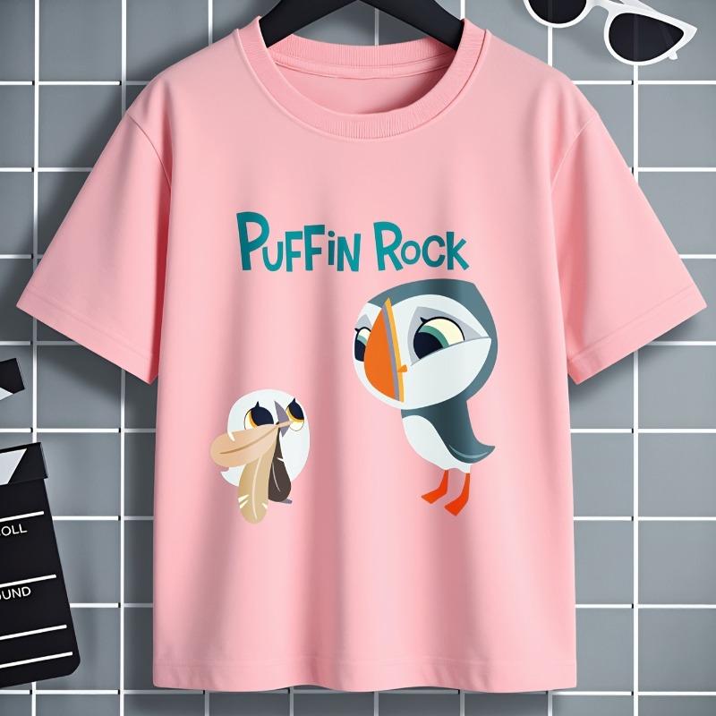 Schattig Puffin Rock Vogel Karakter Print Kinder T-shirt met Ronde Hals en Korte Mouwen