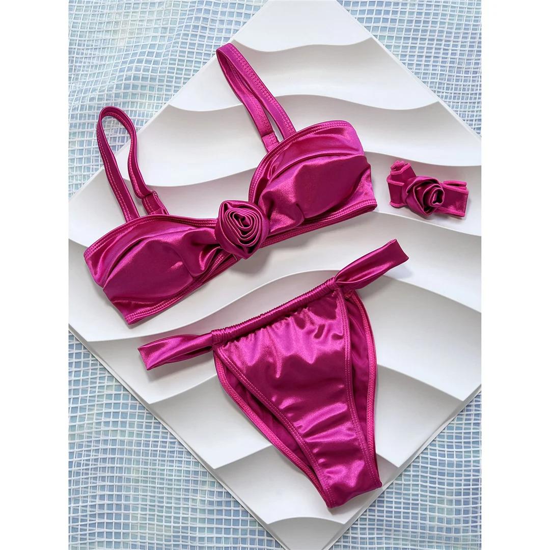 

3D Flower With Necklace High Leg Cut Bikini Female Swimsuit Women Swimwear Two-pieces Bikini set Bather Bathing Suit Swim S красный