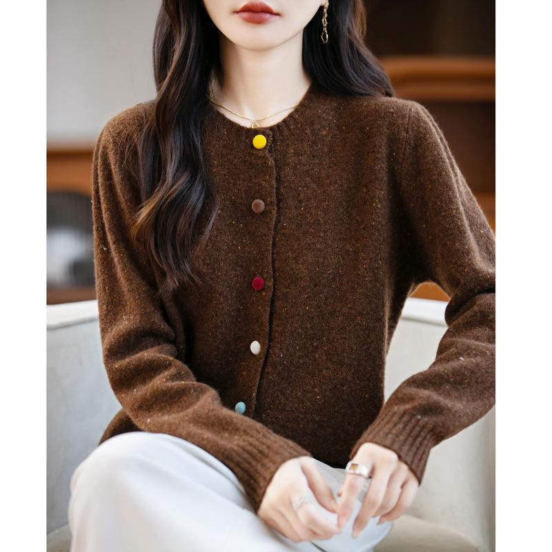 100% Wolle Damen Herbst/Winter Koreanischer Stil Punktgestrickte Strickjacke - Vielseitig, Figurbetont & Modisch Rundhals