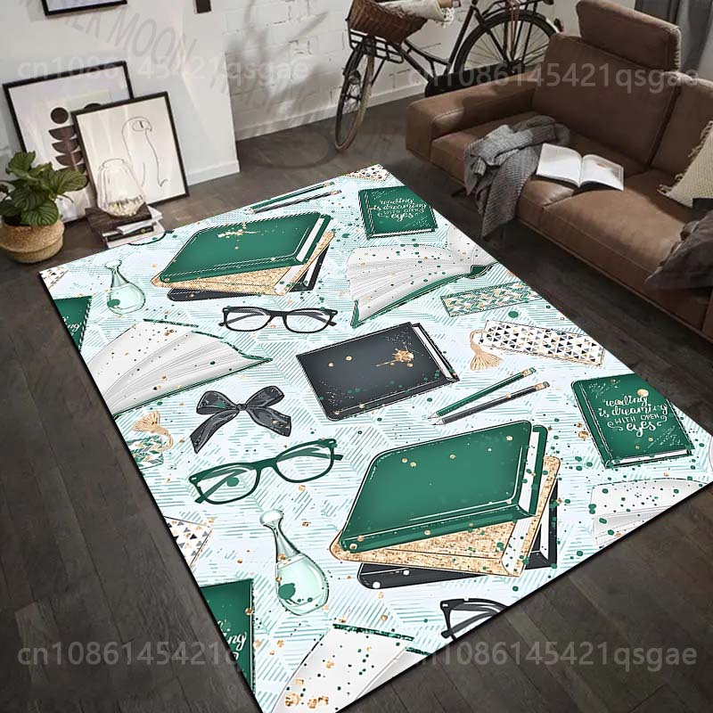 1PC Green Books Glasses Pattern Pattern Rug Carpets for Bedroom Living Room Sofa Mat Creative Door Mat Cloakroom Home Decor