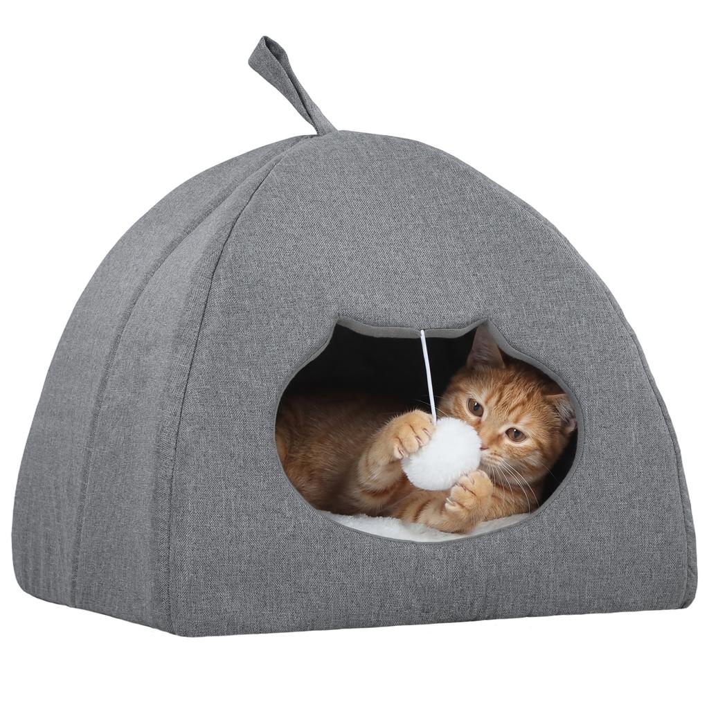 Cat Cave Bed for Indoor Kittens, Cat House with Removable Cushion and Teaser Ball, Kitty Igloo with Anti-Slip Base, 42 X 42 X 39 Cm, Grey