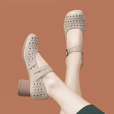 Soft-soled Hollow-hole Shoes Comfortable Middle-heeled Sandals Summer New Soft Leather Thick-heeled Shallow Mouth Mary Jane