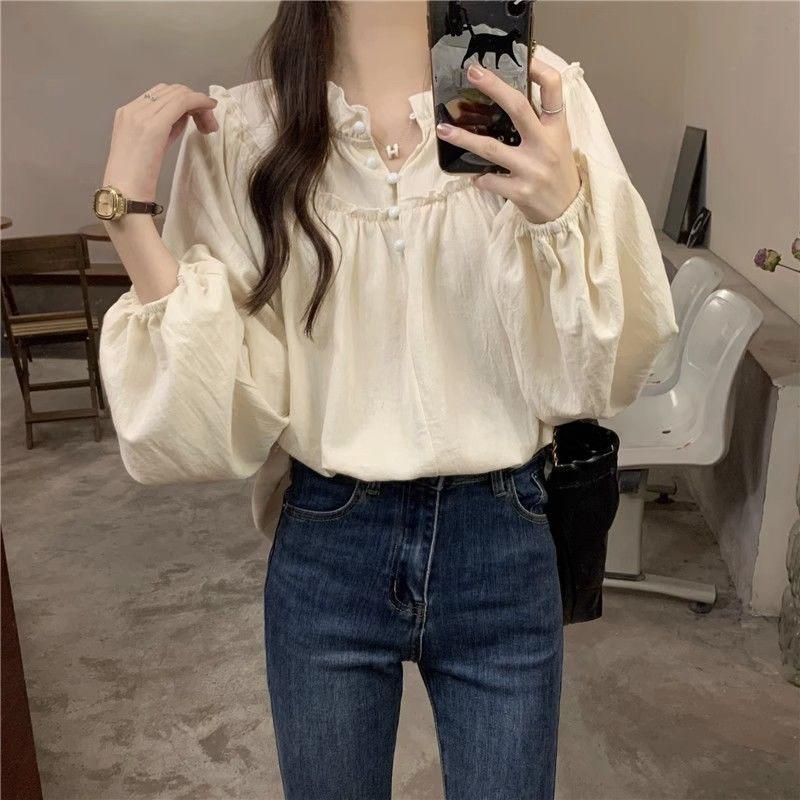 French Style Retro Puff Sleeve Blouse Women Korean Fashion Spliced Ruffles Chiffon Shirt Ladies Elegant Chic Design Shirts