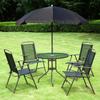 6 Piece Garden Dining Set with Umbrella, Patio Sets with Parasol with 4 Folding Dining Chairs & Round Tempered Glass Table, Black