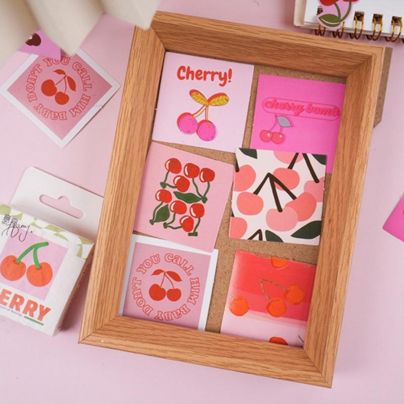 46 pcs/Box Cartoon Cute Cherry Stickers, Fruit Journal Diary Stickers Luggage Notebook Headset Cup Water Bottle Sticker