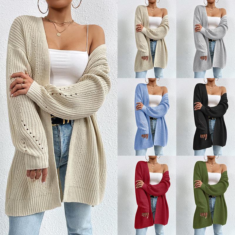 2025 Autumn/Winter Loose V-Neck Mid-Length Knit Cardigan - Solid Color