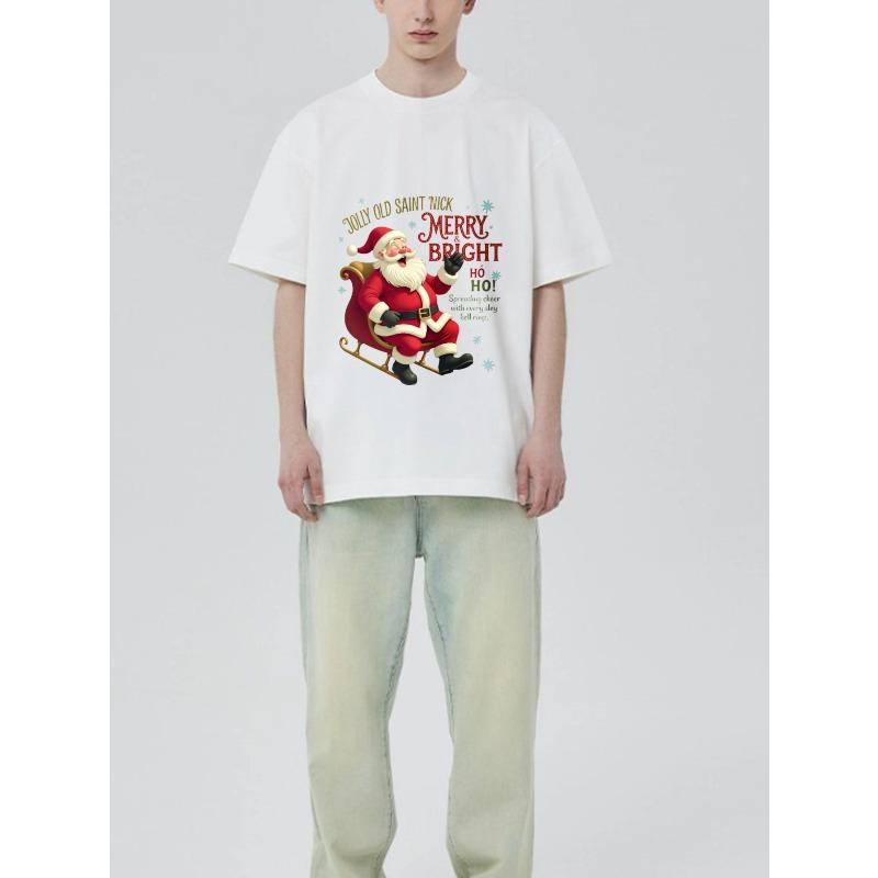 Christmas T Shirt Black Santa Claus Sleigh Print with Merry Bright Text for Holiday Season