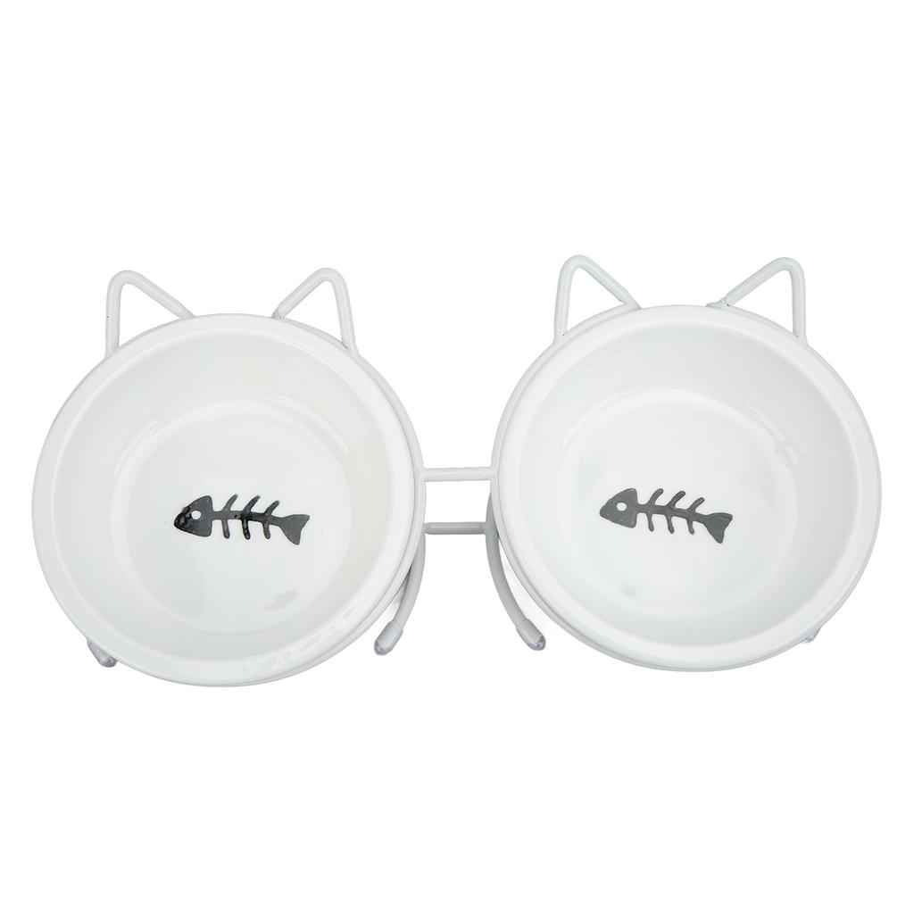Pet Double Ceramic Bowl Double Ceramic Raised Cat Bowls with Metal Stand and Cover for Food and