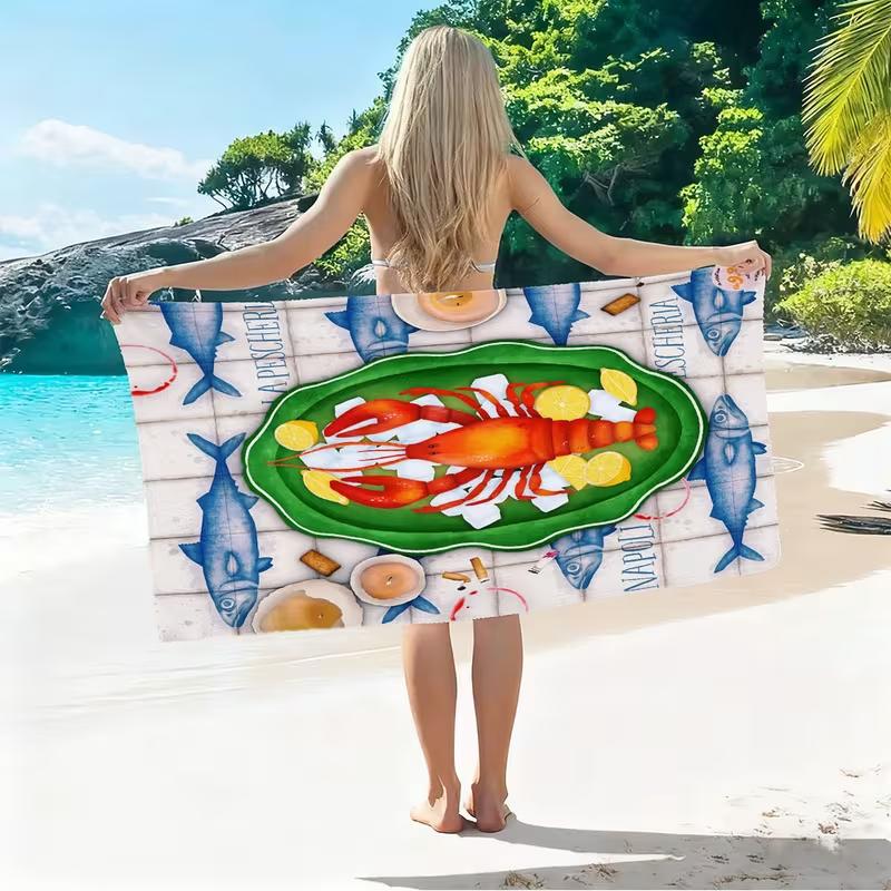 Funny Lobster Beer Print Beach Towel Stripe Summer Pattern Quick Dry Absorbent Sand Free Towel for Pool Camping Travel