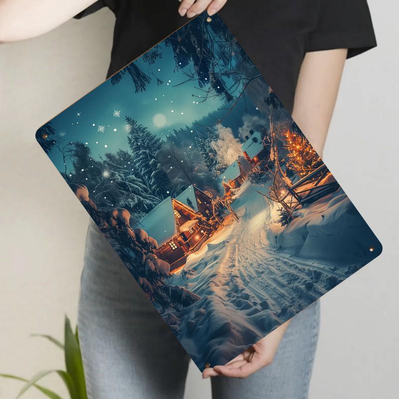

Winter Snowy Night Cottage Scene Metal Wall Art Decor for Living Room Bedroom 20x30cm（7.8x11.8inch）