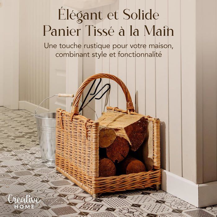 Panier à bûches - CREATIVE HOME - Cheminée - Osier 100% naturel - Avec poignée - 45x30x47 cm
