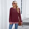 Women's Round Neck Loose Top Long Sleeved Color Blocked Ribbed Sweatshirt