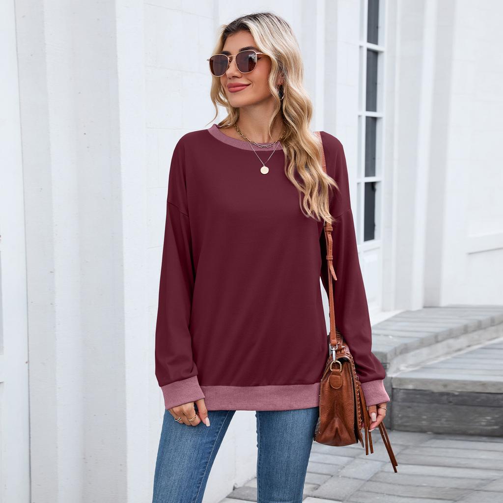 Women's Round Neck Loose Top Long Sleeved Color Blocked Ribbed Sweatshirt