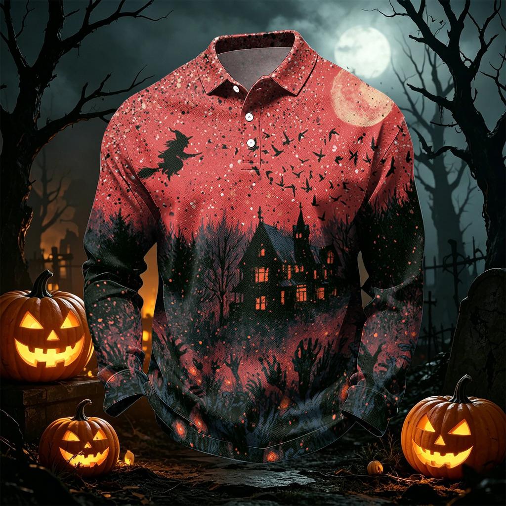 Men's Quick Dry Mesh Golf Shirt Long Sleeve Halloween Print Performance Top
