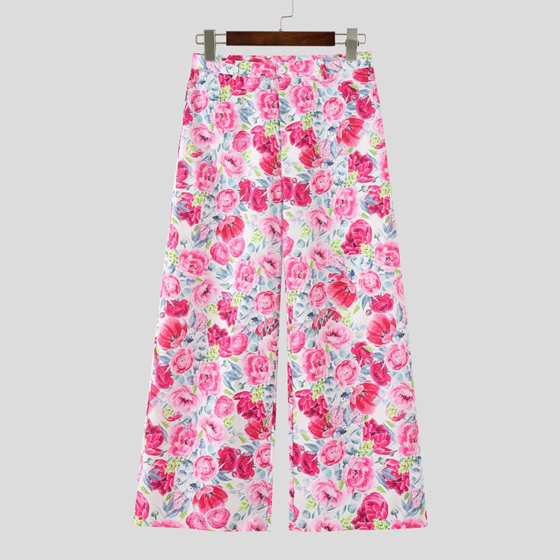 

INCERUN Мужские Женские Брюки на молнии с цветочным принтом, повседневные, свободные, длинные, с широкими штанинами S розовый