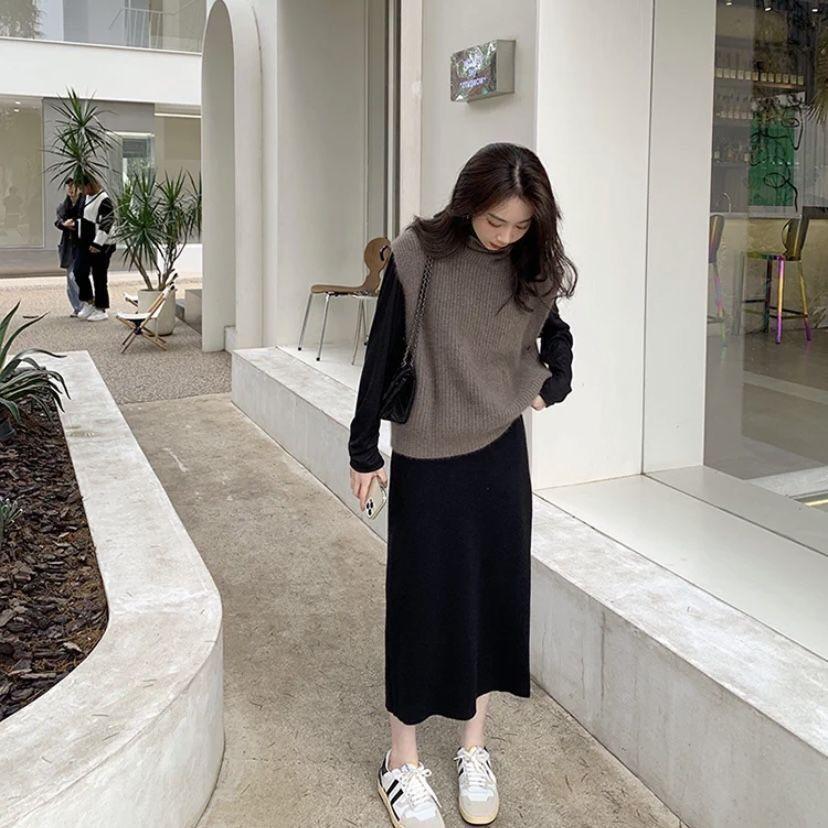 High Waist Women's Autumn Winter Thickened Knitted Wool Slim-Fitting Non-Slit Straight Pencil Long Midi Skirt
