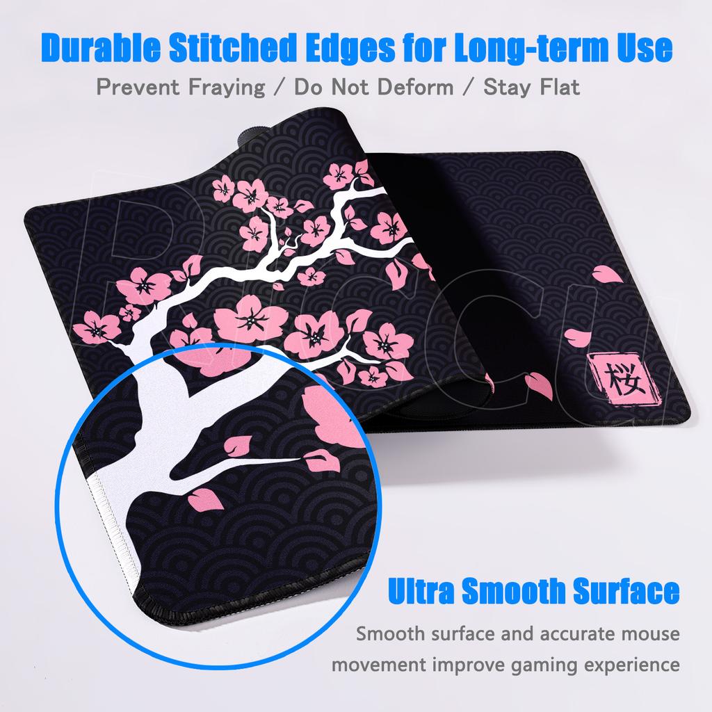 Rosa und Schwarz Neue Kirschblüte Schlossrand Natürliches Gummi Mauspade Großes Gamer Schreibtischpad Sakura Kunst Design Tastaturmatte Waschbar