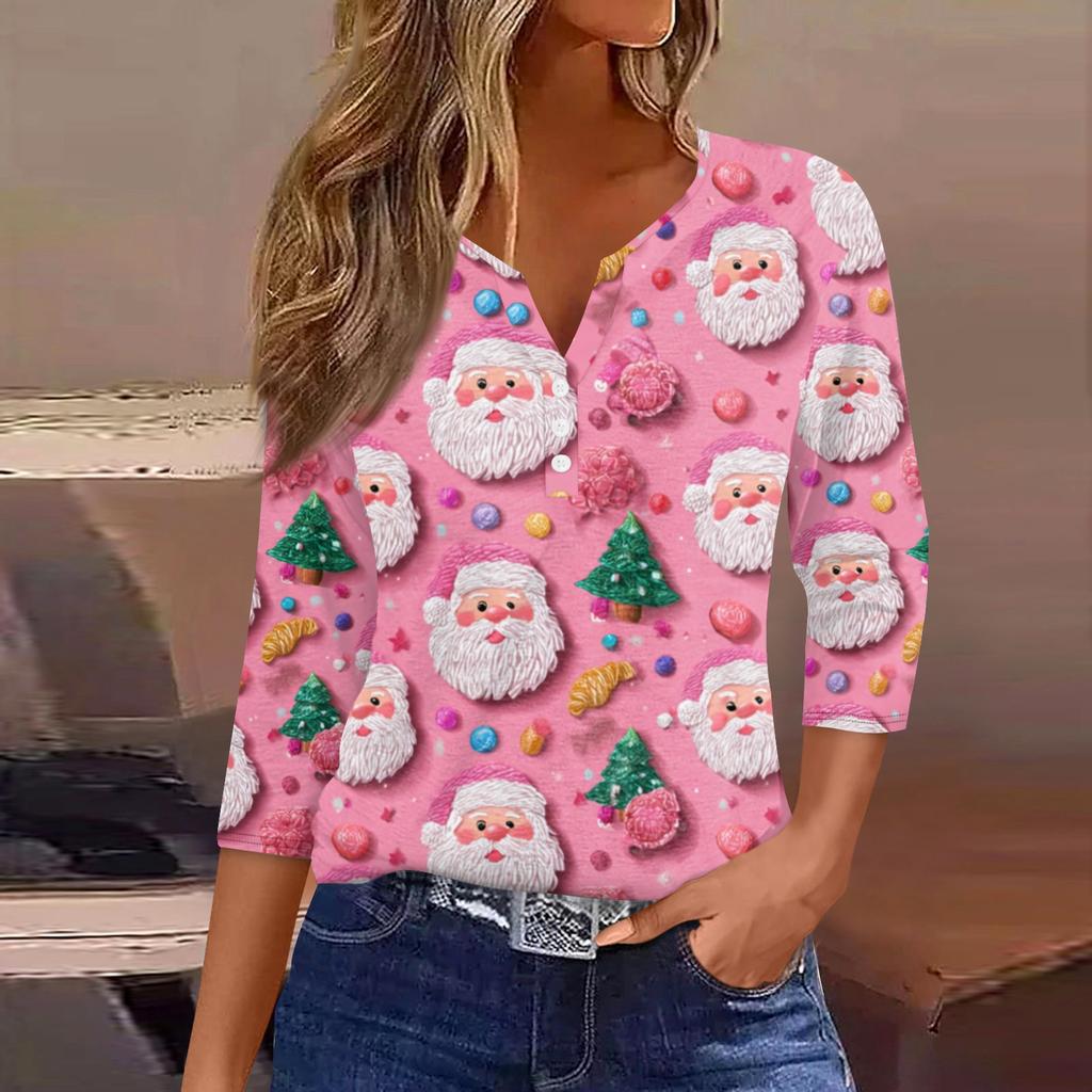 Women's Fashionable Casual Christmas Printed V-neck Three-quarter Sleeve Decorated Button Top