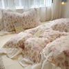 Bedding Set Korean Style 2024 New  Small Floral Water Washed Cotton Lace Duvet Cover Set Queen Size