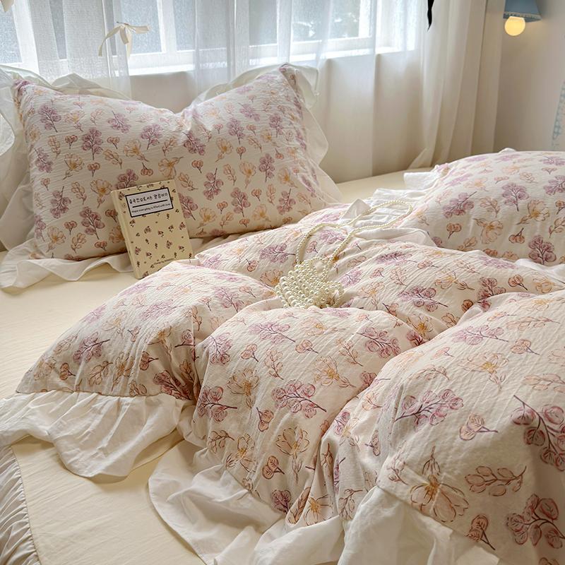 Bedding Set Korean Style 2024 New  Small Floral Water Washed Cotton Lace Duvet Cover Set Queen Size