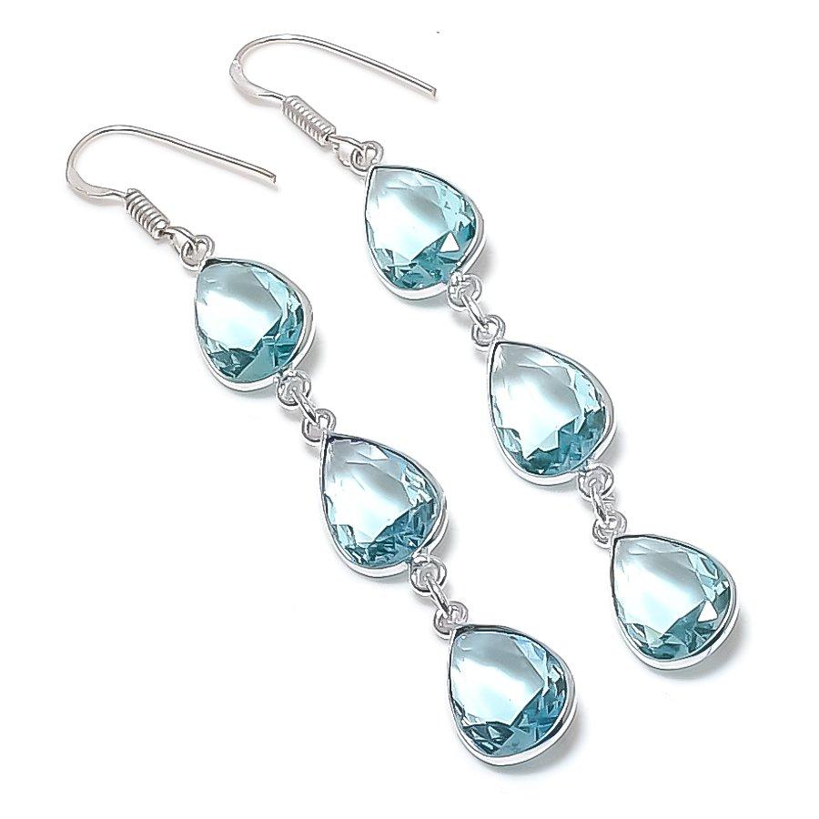 Swiss Blue Topaz Gemstone 925 Sterling Silver Earring 3.03"