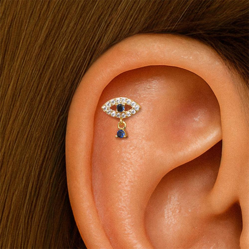 18K Gold S925 Sterling Silver Single Flat Back Piercing Earring Moon Star Tassel Eye Blue Crystal Four Point Star Design
