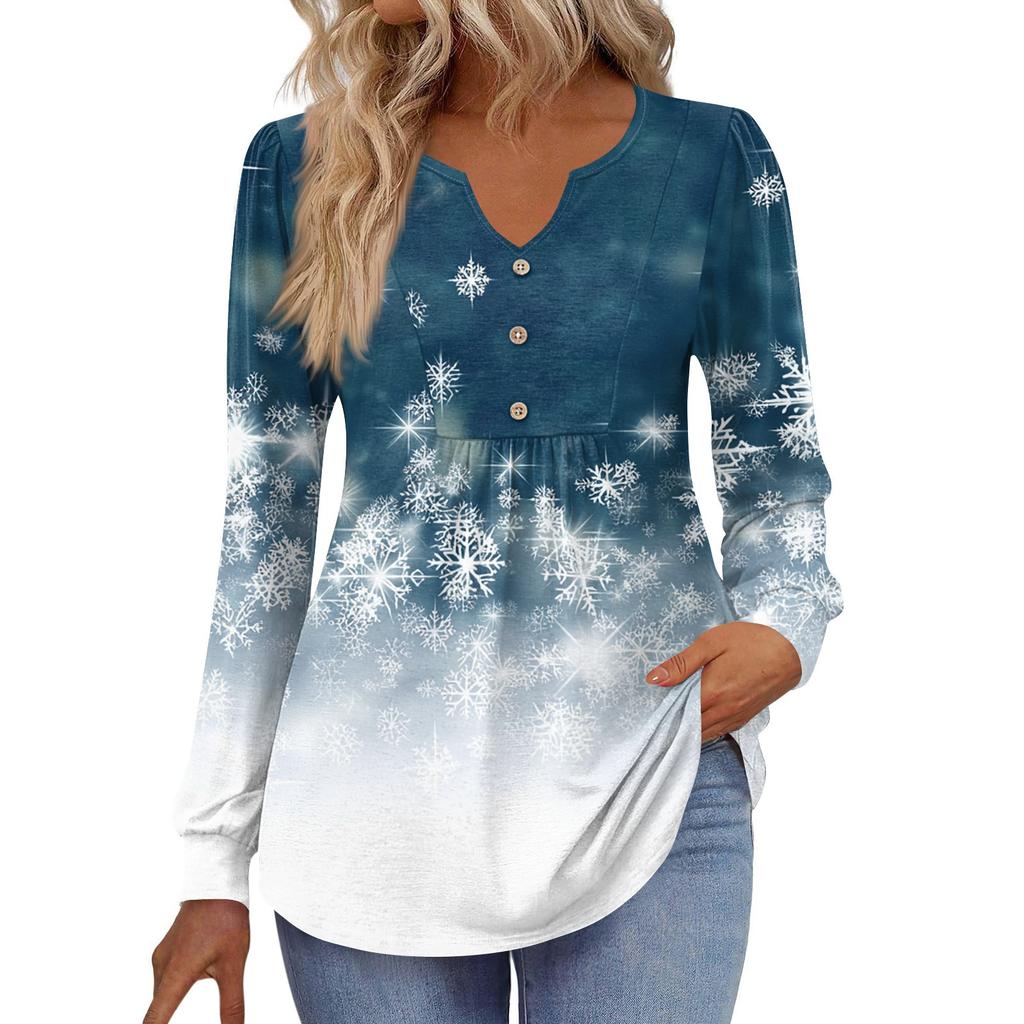 Women's Fashionable Casual V-neck Blouse Button Christmas Printed Long-sleeved Pullover T-shirt Top