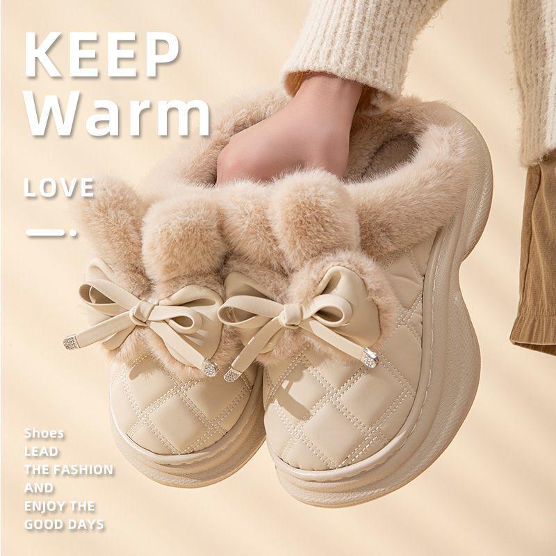

Женские зимние хлопковые тапочки с бантом 2025: Нескользящая, Толстая подошва, Теплый плюш для использования на улице 40-41 (Fits 39-40)