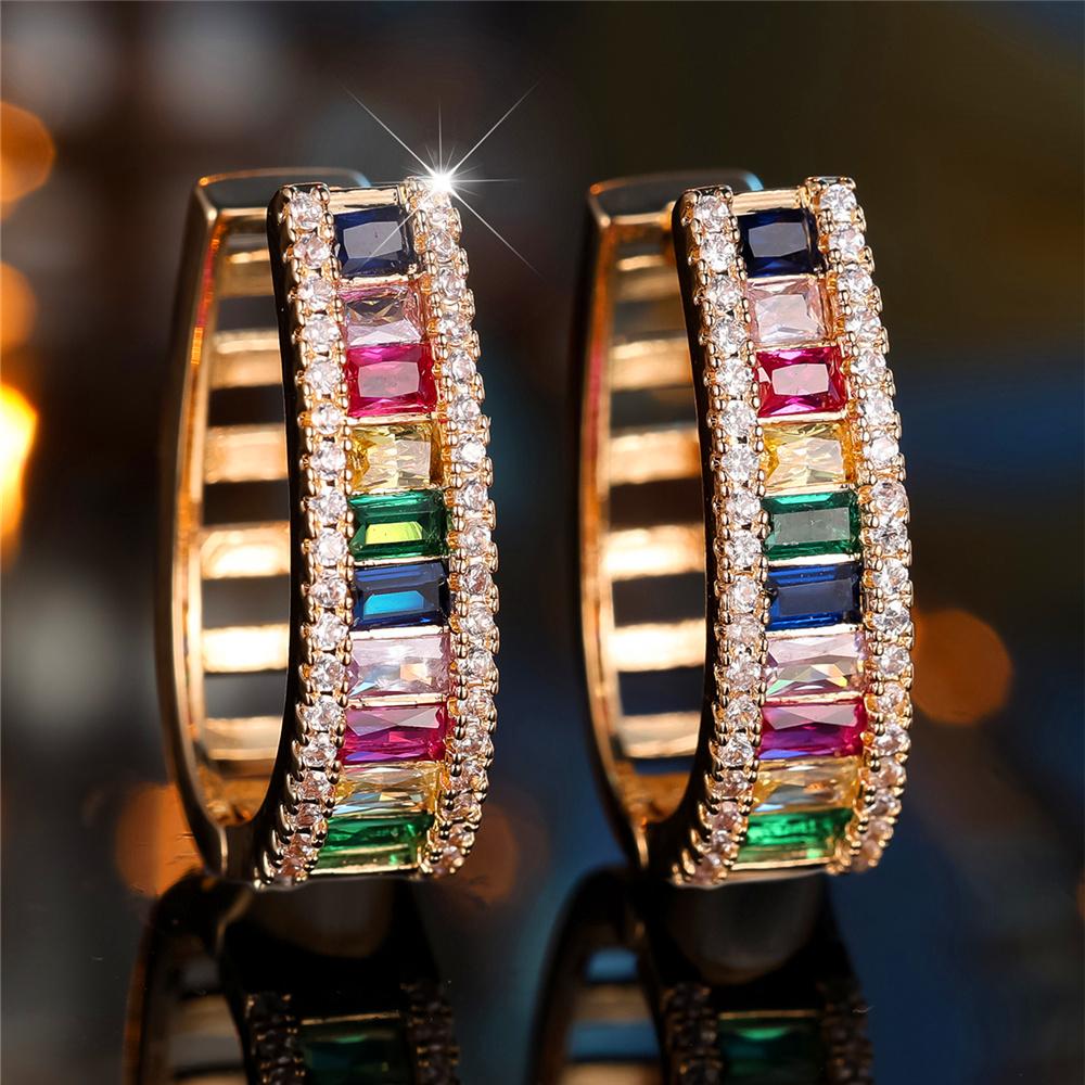 Charm Female Rainbow Zircon Stone Hoop Earrings Silver Color Wedding Jewelry For Women
