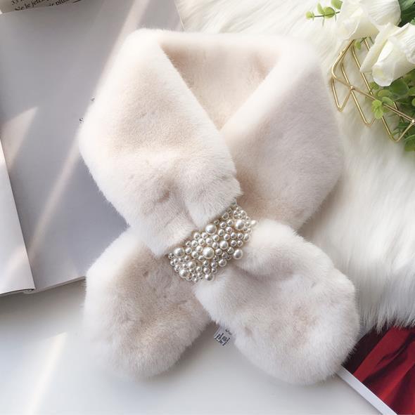 Korean Style Thickened Warm Plush Pearl Scarf - Autumn & Winter Cross Neck Warmer for Girls
