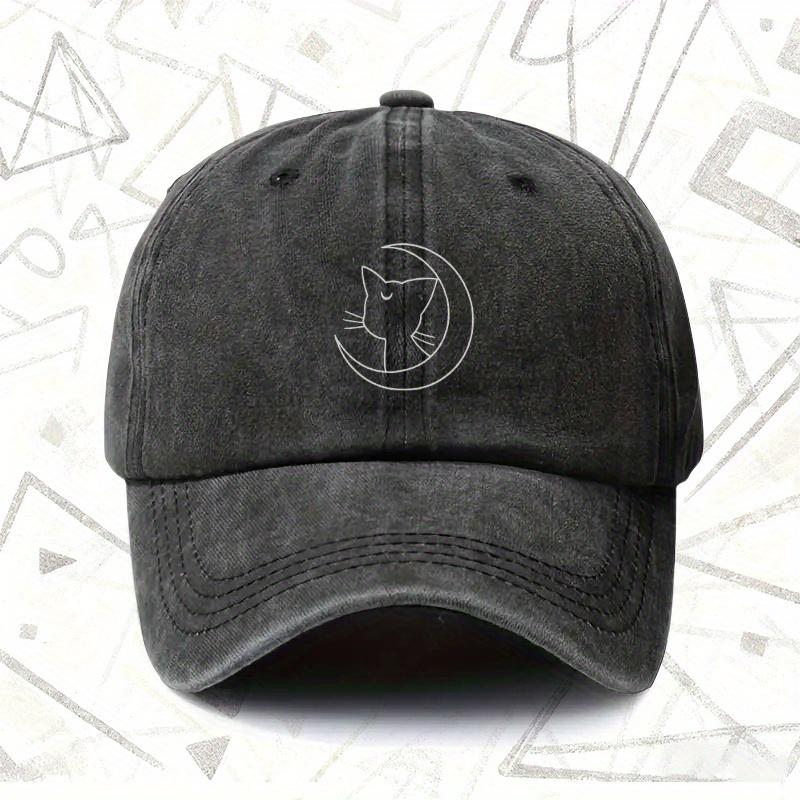 Pc Vintage Washed Hat with Moon Cat Design Unisex Solid Baseball Cap AllSeason Wear Ideal Gift for Weddings Parties and