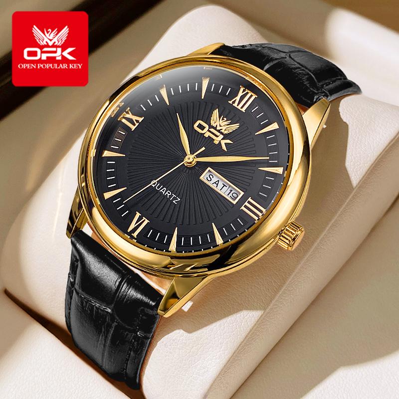 OPK 6014 Fashion Simple Man Watch Leather Strap Dual Calendar Waterproof Original Quartz Men's Wristwatch