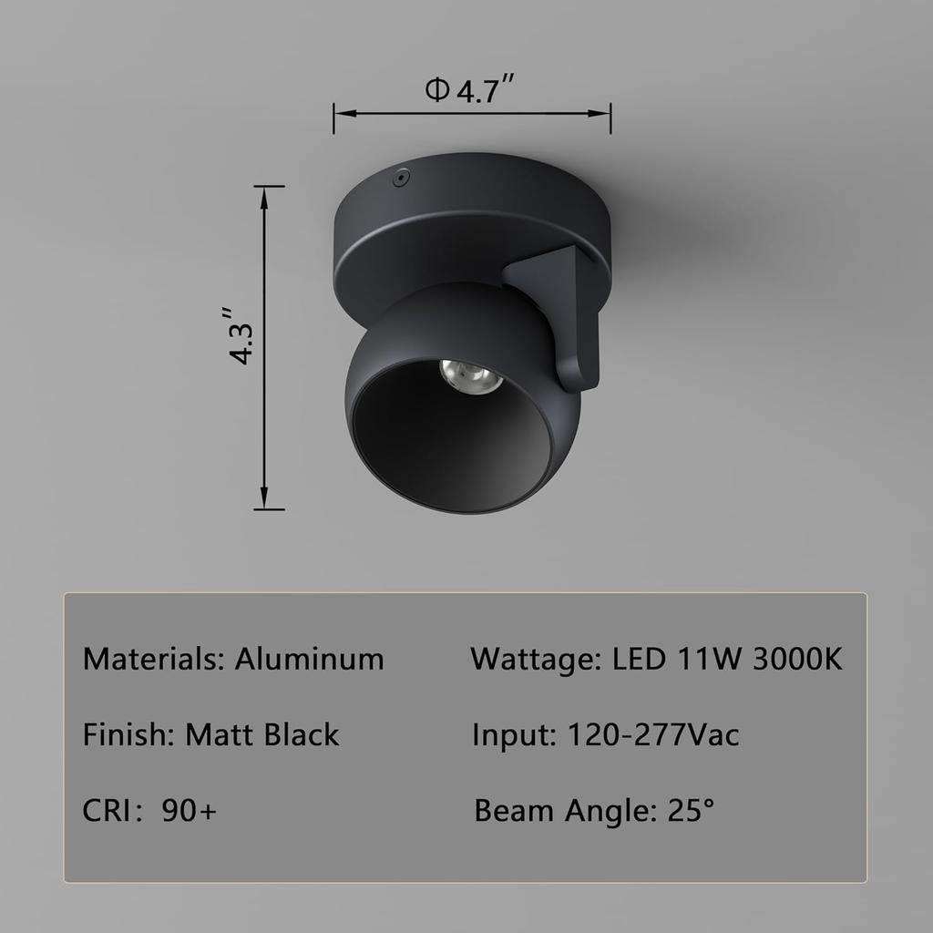 LED Ceiling Spotlight Dimmable Flush Mount Adjustable Spotlight, Directional Spotlight for Pictures Living Room Bedroom Foyer - 3000K 11W 25°