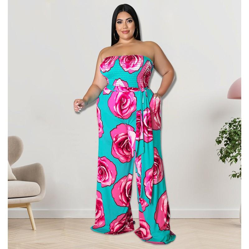 MY900 Plus Size Womens Sleeveless Knit Jumpsuit With Floral Print Rose Red Blue Breathable Milk Silk Fabric Straight Leg 2025 Collection