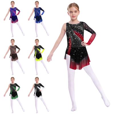 Kinder Mädchen Rhythmische Gymnastik Kleid Rundhalsausschnitt Asymmetrischer Schlitz Glänzende Strasssteine Kontrastfarbiger Rock