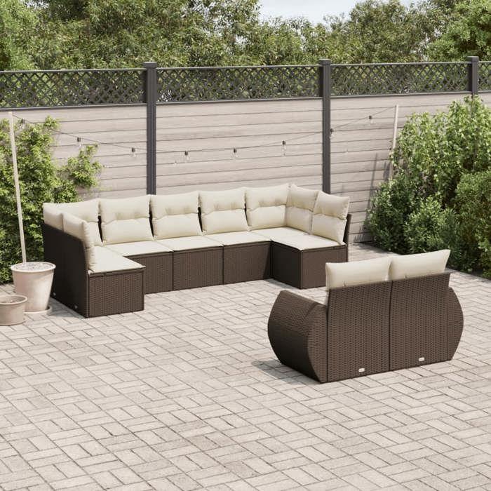 VidaXL Salon de Jardin avec Coussins 9 pcs, Canapés de Terrasse, Ensemble de Meubles de Patio, Mobilier d'Extérieur, Marron 3254160