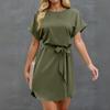 Womens Summer Short Dresses O Neck Casual Batwing-Short Sleeve Belted Dress For Women