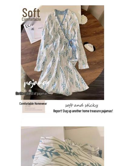 2026 Spring Cloud Cotton Long Sleeve Tie-Up Nightgown - Sweet, Cute, Comfortable Women's Loungewear