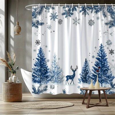 GAE1pc Blue Watercolor Christmas Deer Pattern Shower Curtain, Polyester Fabric, Machine Washable, Suitable for Bathroom Decora