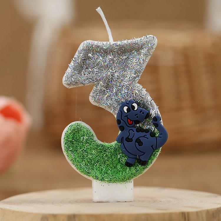 Świeczka urodzinowa z brokatem dinozaura, wysokość 3 cale, brokatowy wzór 3D, topper na tort, świeczki urodzinowe na tort z motywem zielonych zwierząt