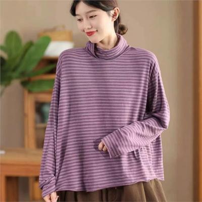 Fashion Casual Vintage Style Loose Stripe Turtleneck T-Shirt Woman Winter Long Sleeves Splicing T-Shirt