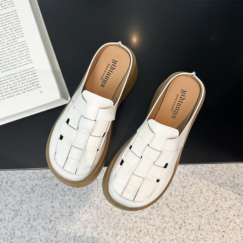 2025 New Thick-soled Heightening Half-slippers Women's Summer Outer Wear Hollowed-out One-pedal Roman Bag Head Sandals Woven Slippers
