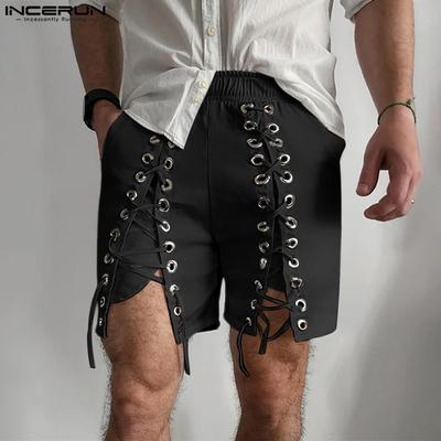 Men Elastic Waist Bandage Side Solid Casual Shorts Lace Up Pants
