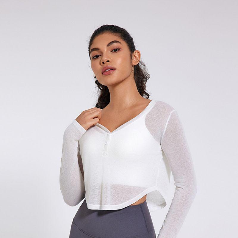 

2025 New V Neck Sports Blouse Long Sleeves Loose T-Shirt Women s Casual Soft Vertical Smooth Lightweight Workout Top Yoga Elastic White L
