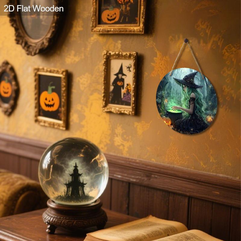 2D Flaches 1-teiliges Halloween-Dekoschild aus Holz, Schönes Hexenmuster-Design, Wandbehang-Dekor, Ideales festliches Halloween-Geschenk