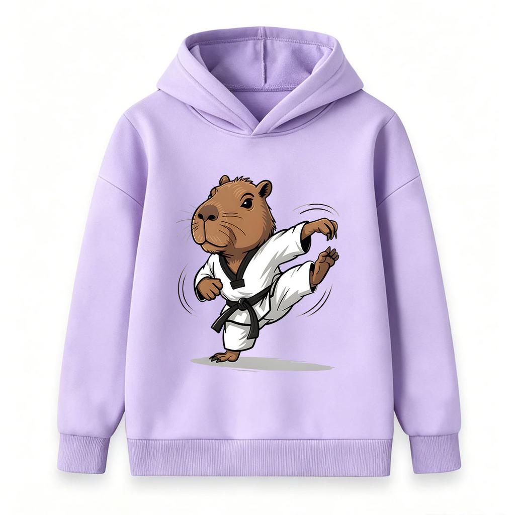 Kids Boys Girls Casual Pullover Hoodie, Funny Capybara Taekwondo Black Belt Karate Kick Cartoon Print Soft Hooded Sweatshirt for Children Daily Wear