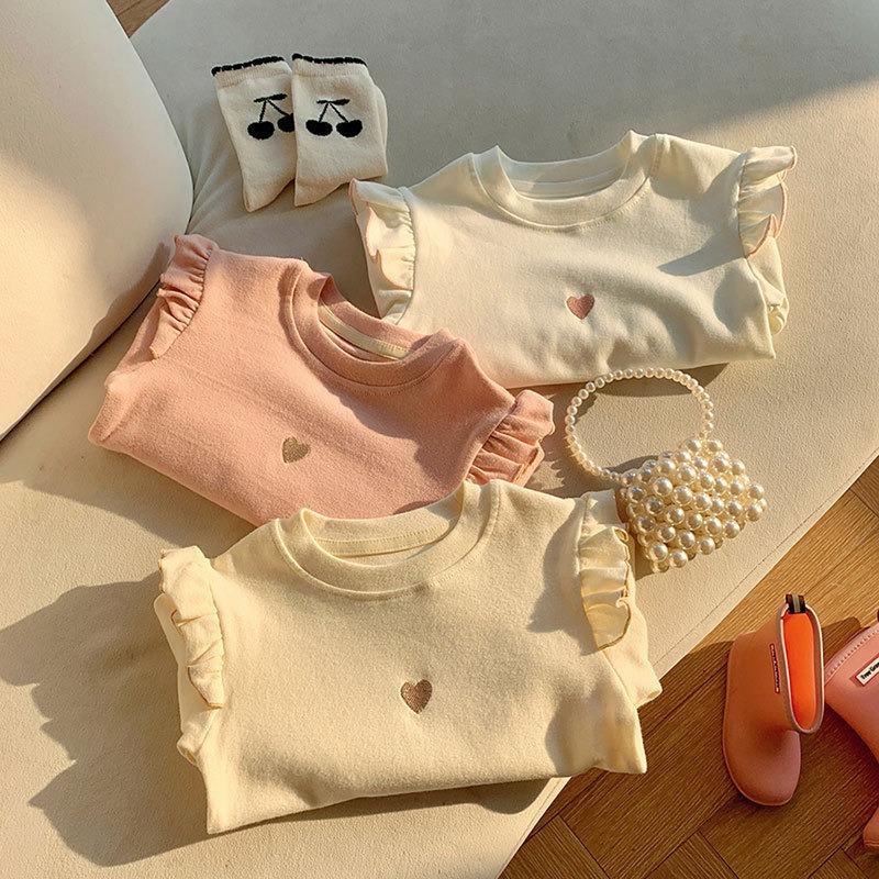 Spring and Autumn Girls'  Cotton Base Shirt Love Embroidered Long Sleeve T-Shirt Clothes