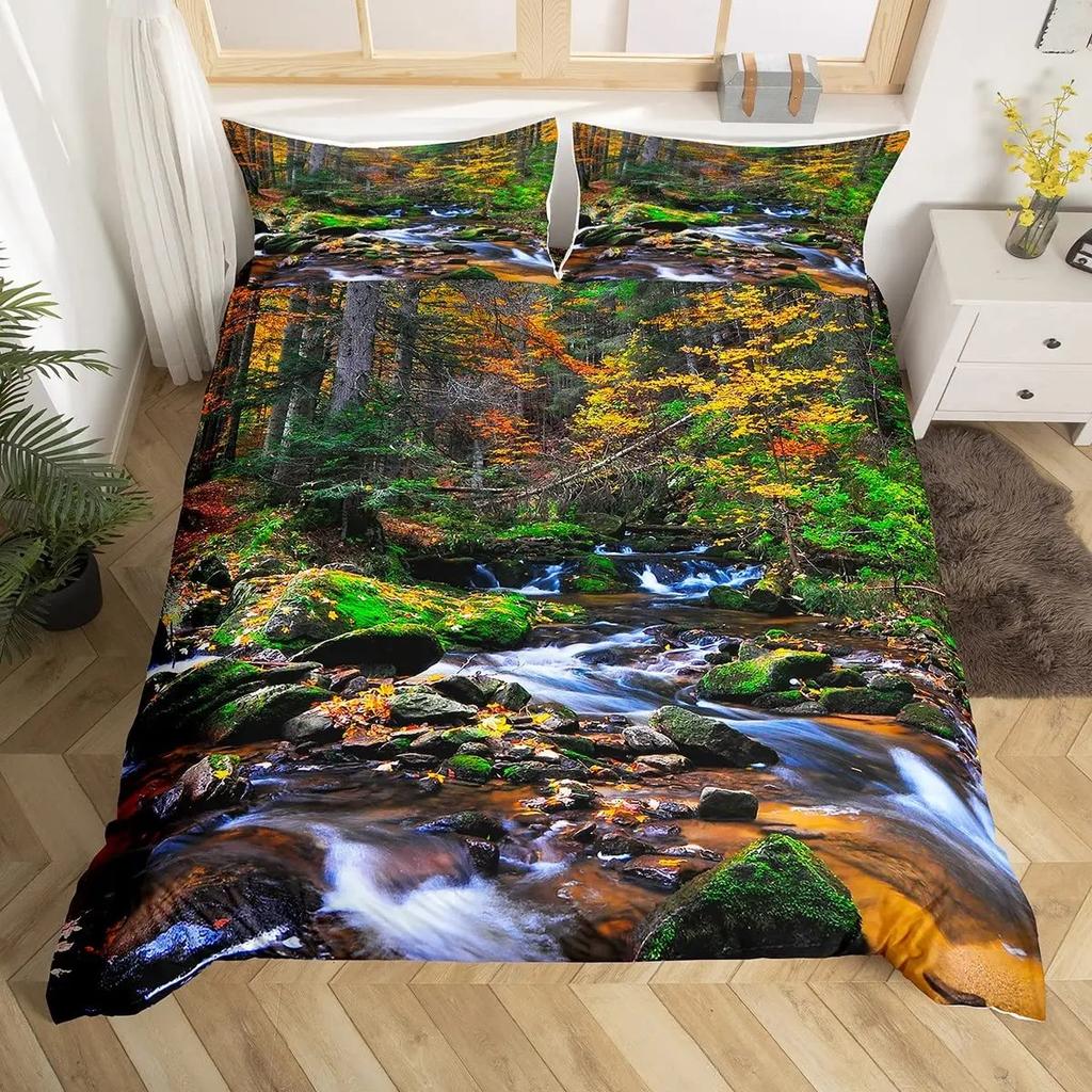 Nature Landscape Duvet Cover Sunset Comforter Cover Lake Landscape Bedding Set Polyester Spring Flower Bedspread Cover King Size