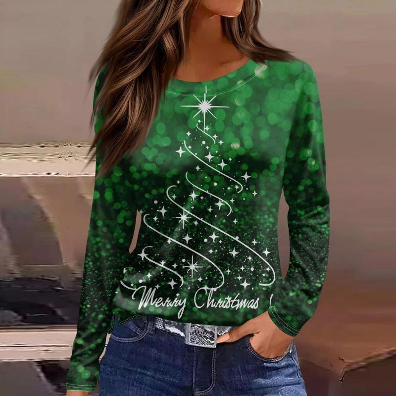 Women's Christmas Themed Round Neck Long-sleeved T-shirt with Colorful Christmas Tree Print and Comfortable Polyester Pullover